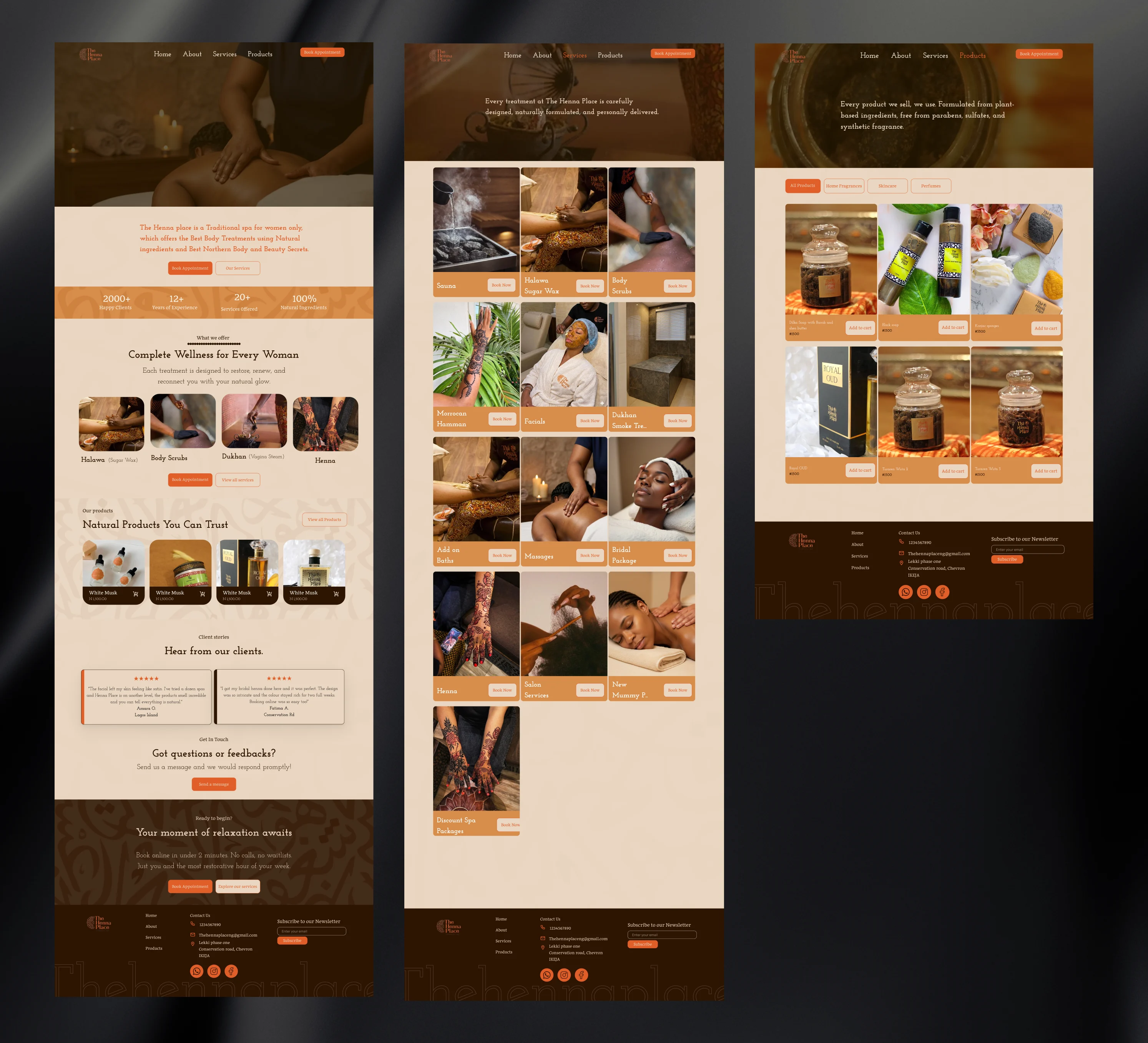 Henna Place website — homepage, services and products pages