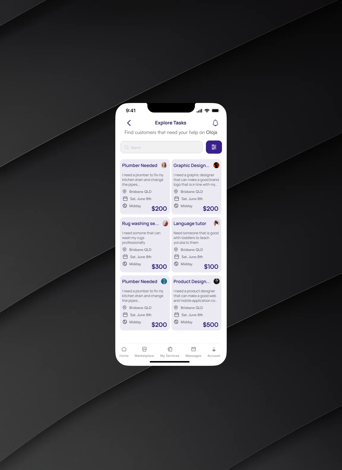 Explore tasks screen