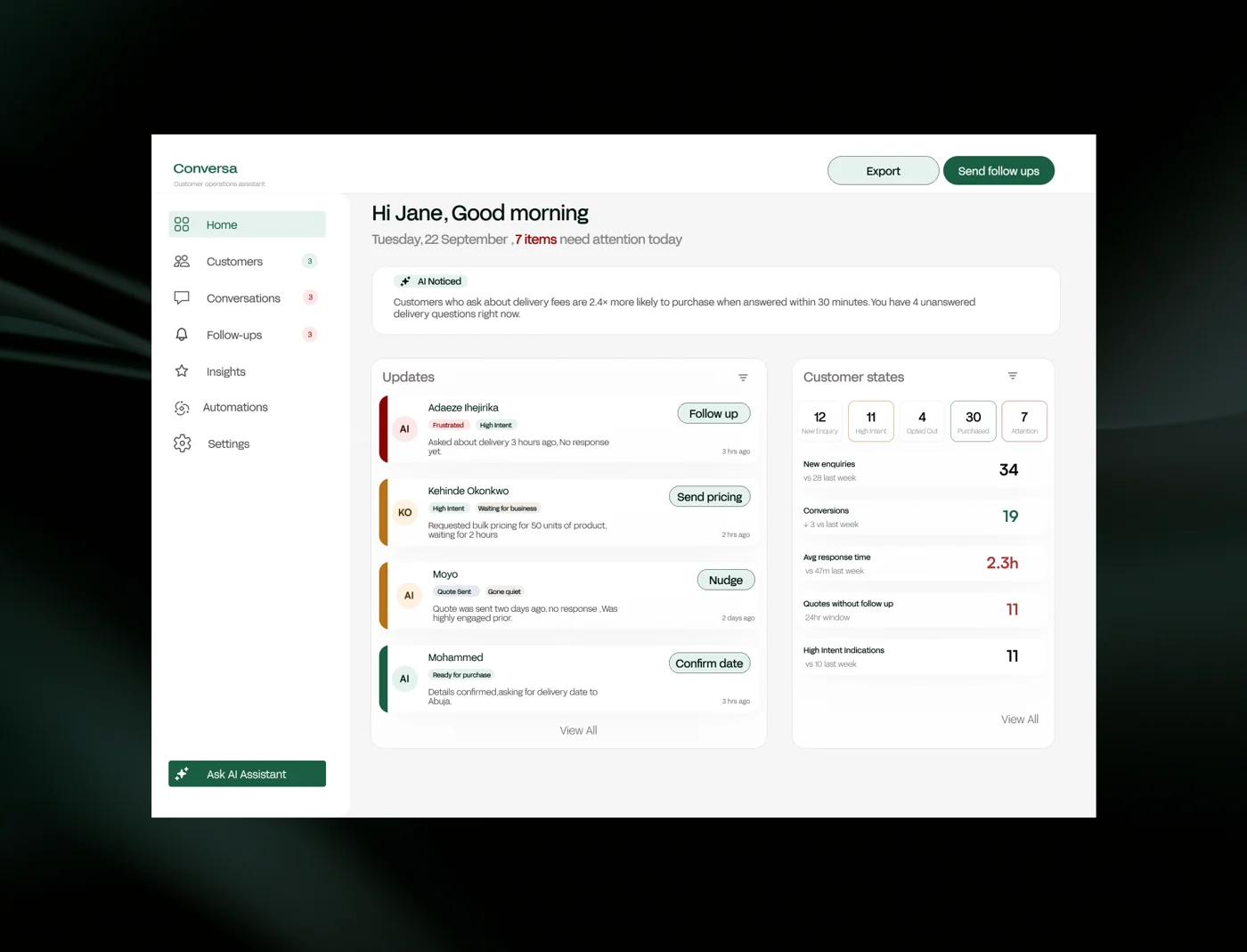Conversa AI customer assistant — home dashboard