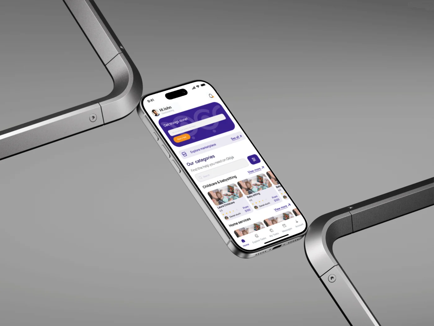 Oloja marketplace app — home screen showing categories and service listings