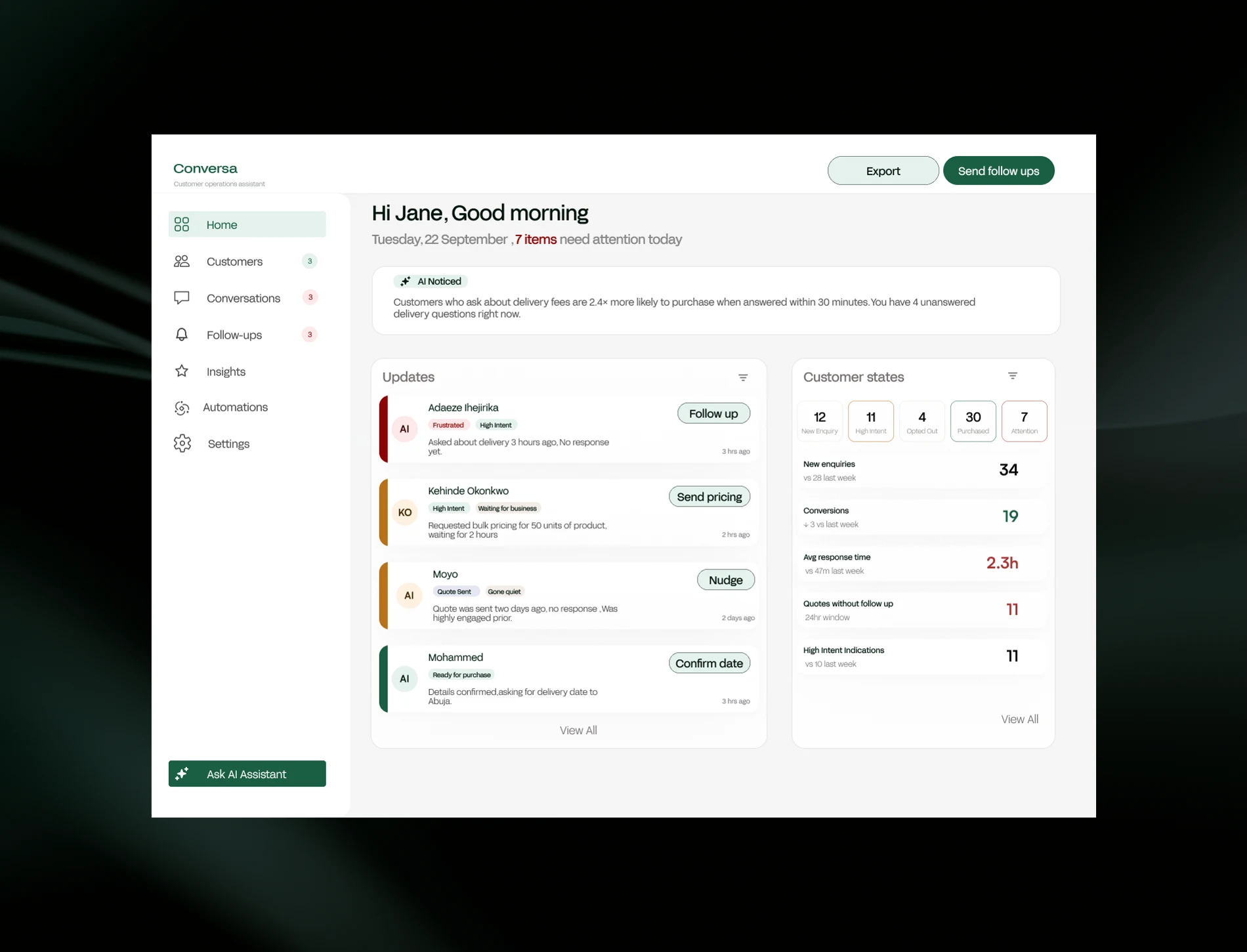 Conversa AI customer assistant — home dashboard