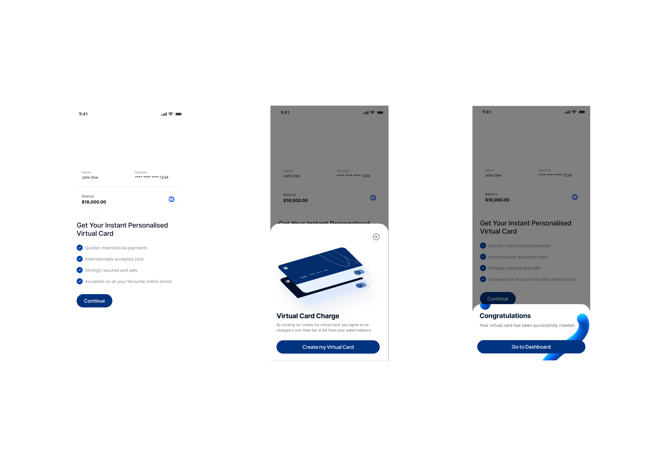 MoveFinance early wireframes — introduction screen, virtual card charge sheet, and success state