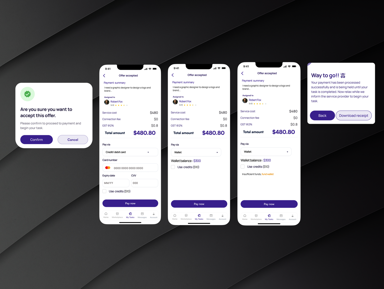 Oloja — escrow payment flow: confirm, pay, success